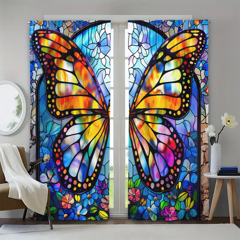 2Pcs Butterfly Stained Glass Print Curtains Colorful Wing Pattern Room Divider Rod Pocket Window Drapes Vibrant Multicolor Floral Design Treatment Panels for Living Bedroom Kitchen Home Decor