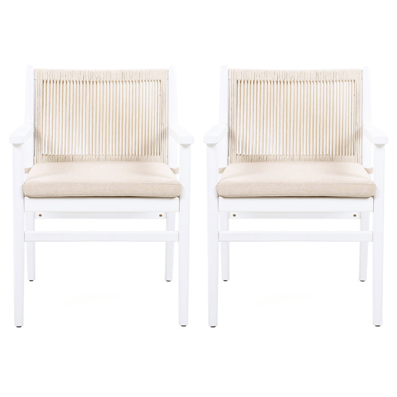 Chaises de salle à manger de patio pour 2 personnes, bois, dossier en corde, coussin imperméable, structure blanche, capacité de 400 lb, fixation du coussin lavable à la machine, ergonomique confortable convenant aux fauteuils de balcon, 2 pièces,