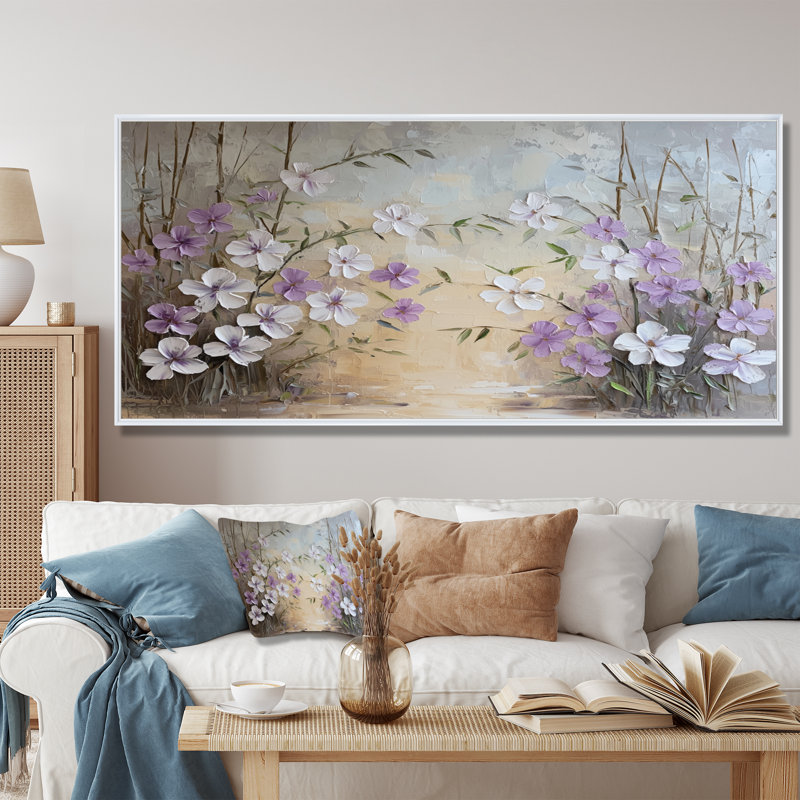 Minimalist Lavender Horizon - Lavande, art mural, H 28 po x l 60 po, Cadre flottant, Blanc