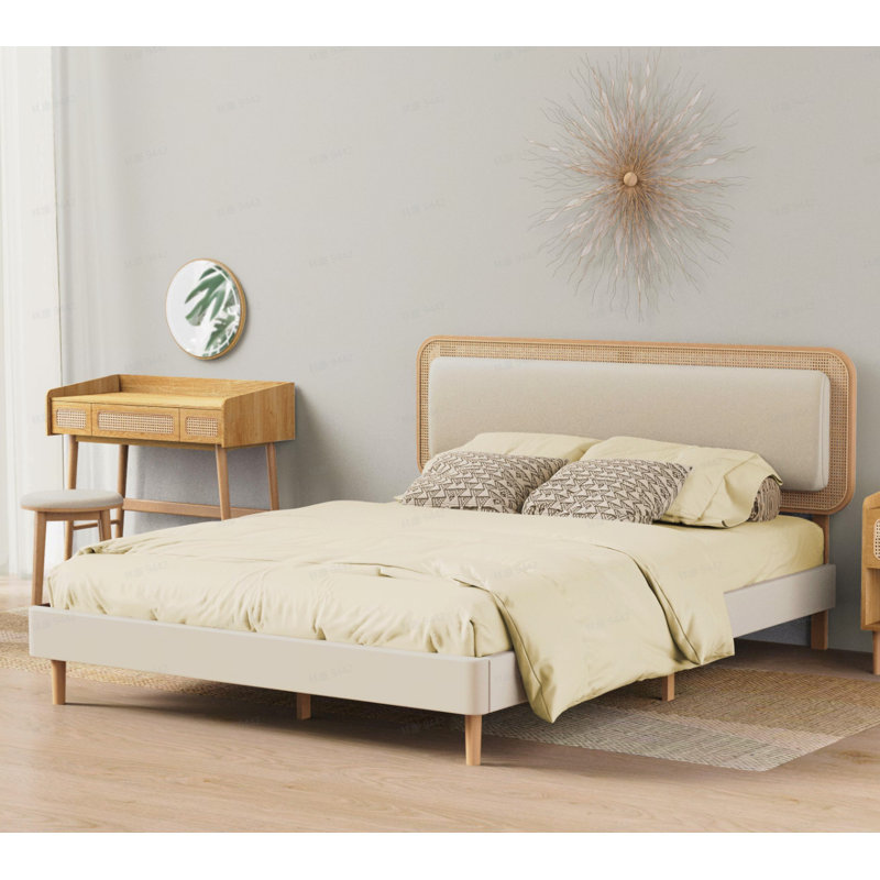 Delaylah Bed Frame, with Rattan-Like Adjustable Upholstered Headboard, Boho Style, null