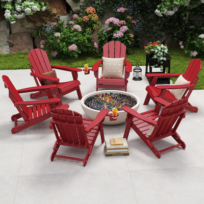 (Set of 6) Hdpe Folding Outdoor Adirondack Chair With Cup Holder 