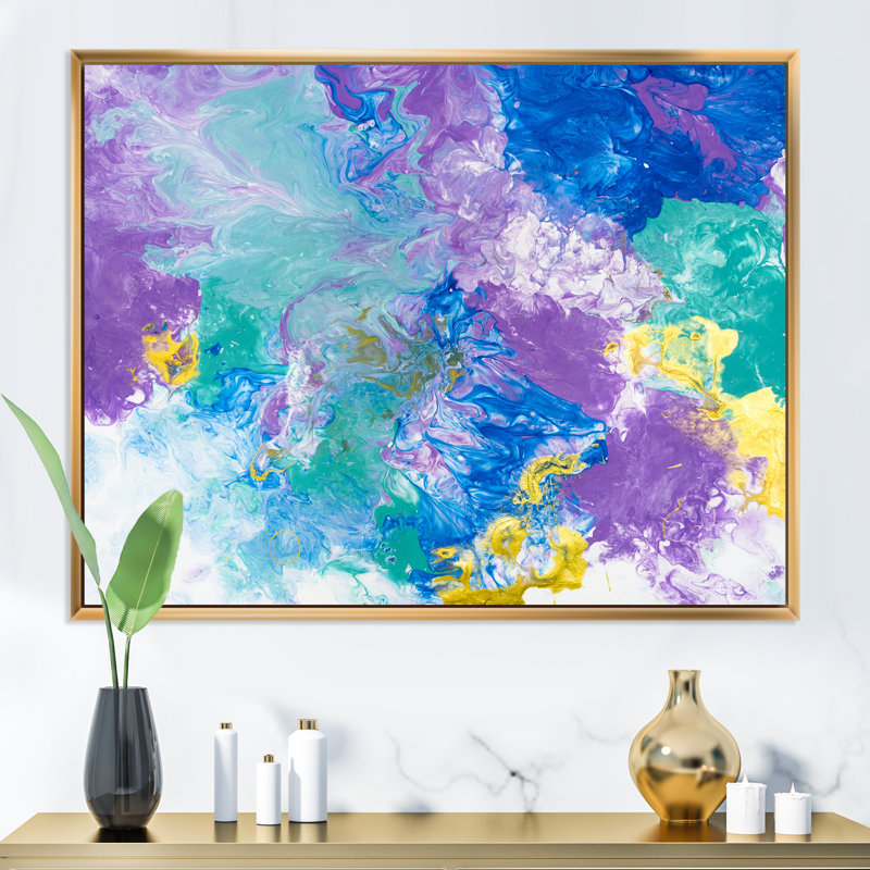 Abstrait bleu, mauve et jaune - Peinture sur toile, H 13 po x l 21 po x P 1 po, Cadre doré