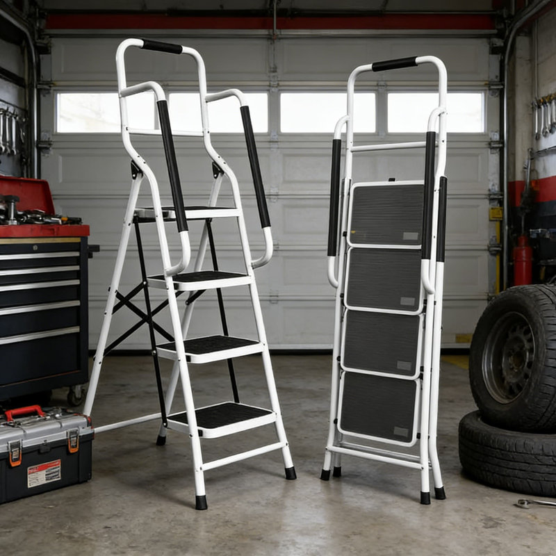 4 Step Ladder With Handrails And Tool Bag - 330Lb Capacity Heavy Duty Folding Step Stool, Non-Slip Steel Frame For Home Repair, Kitchen, Bedroom, And Workshop Use