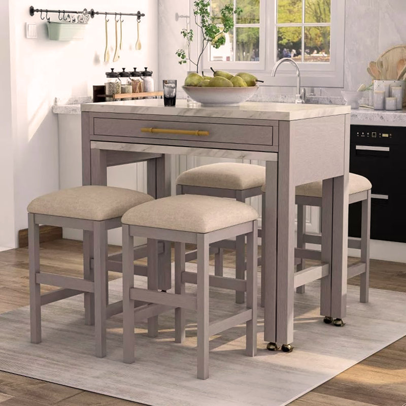Rustic 5pc Dining Set Counter Height Dining Table w Storage drawer Faux Marble Top 4x Stools Light Grey Dining Room Furniture