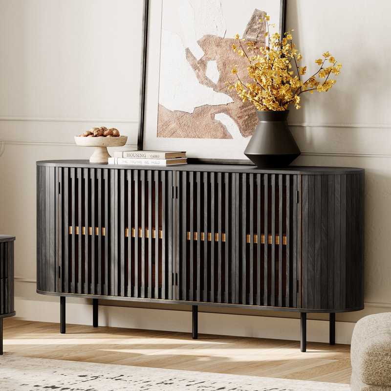 Mid-Century Modern Wooden Sideboard with Slatted Design, Perfect for Living Room, Bedroom, and Hallway, Black