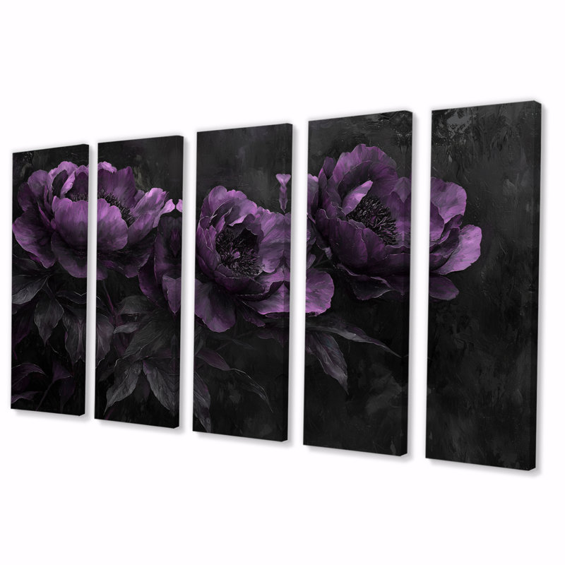 Mauve et noir pivoines Midniht Bloom - Art mural noir - Art mural traditionnel sur toile, H 28 po x l 60 po