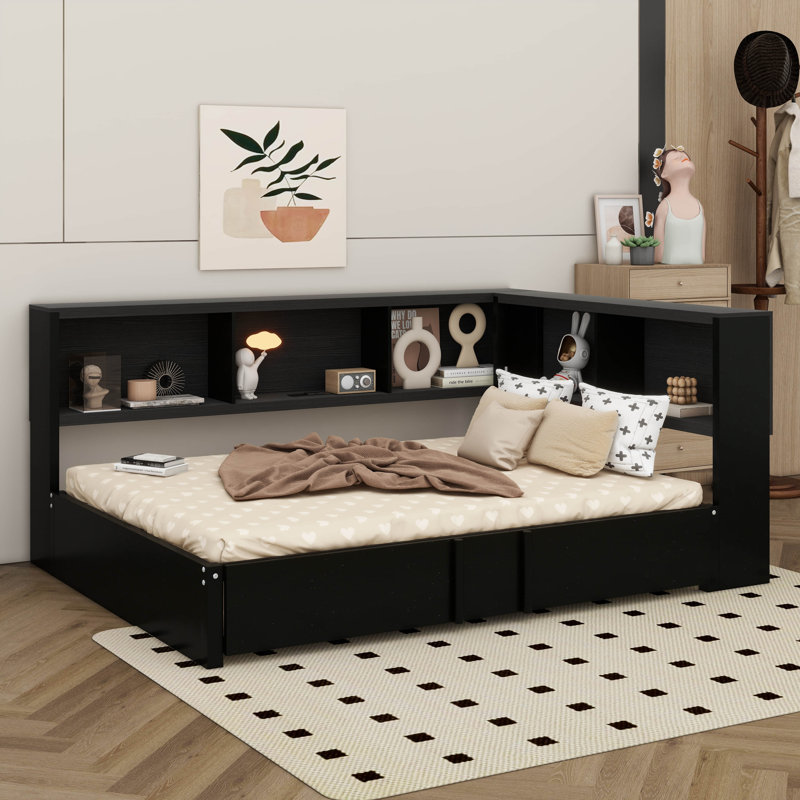 Lit de jour double en métal avec lit gigogne, armoires de rangement et ports USB, Noir, noir, noir, noir