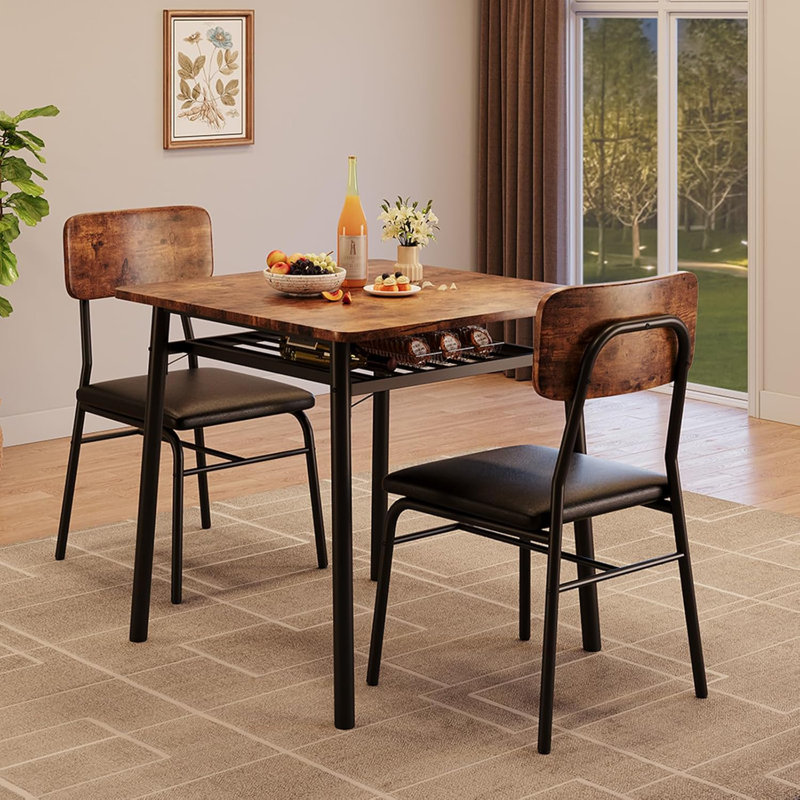 Ensemble de table de salle à manger 2 personnes avec tablette de rangement et chaises rembourrées, petite table de cuisine avec structure en métal pour appartement ou salle à manger