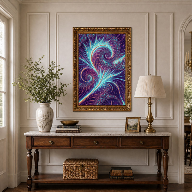 Toile murale en spirales fractales violettes et cyan, H 24 po x l 16 po