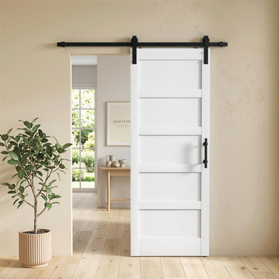 Porte de grange coulissante avec ensemble de quincaillerie, porte coulissante Shaker, blanc