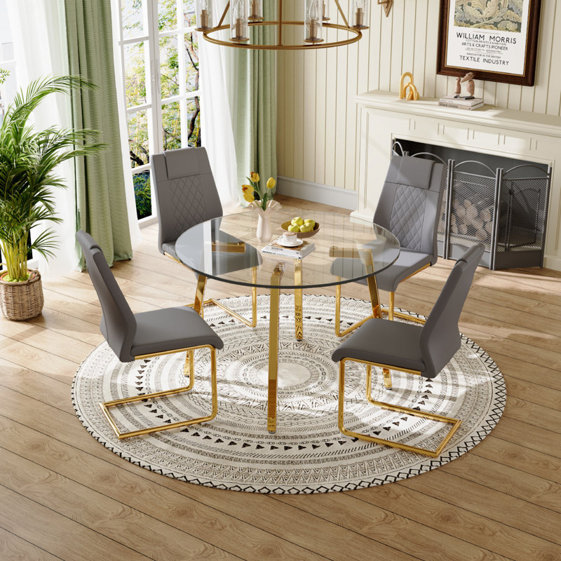 Glass Top Dining Set, 5, Gold, Gray/Gold