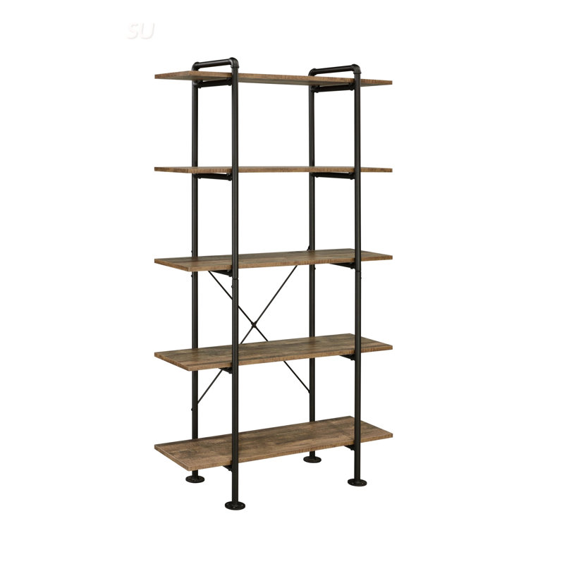Industrial-Inspired 5-Shelf Bookcase With Rustic Oak And Black Finish, Perfect For Modern And Stylish Storage Solutions.