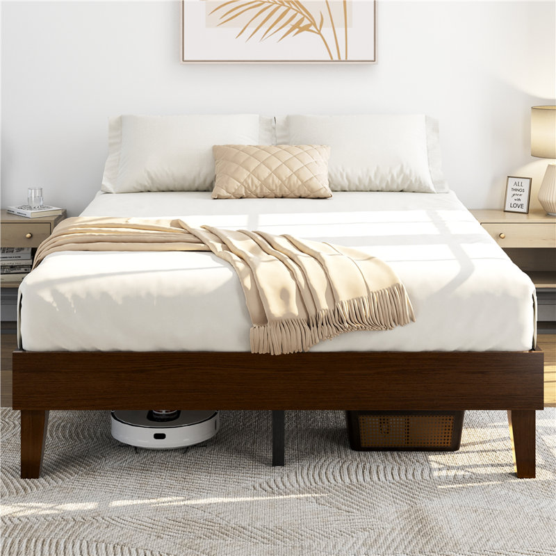 Multi-sized Wooden Platform Bed Frame with Sturdy Slat Support, Queen, Dark Walnut