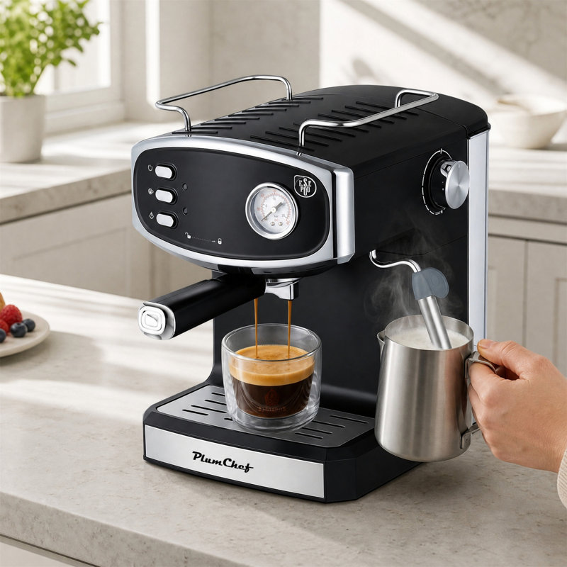20 Bar Espresso Coffee Machine, Semi-Automatic with Pressure Gauge, Steam Wand, 54oz Tank, Black & Stainless