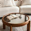 Table basse ronde avec plateau en miroir, structure en bois massif et pieds cylindriques, table de cocktail rétro Mid-Century pour le salon