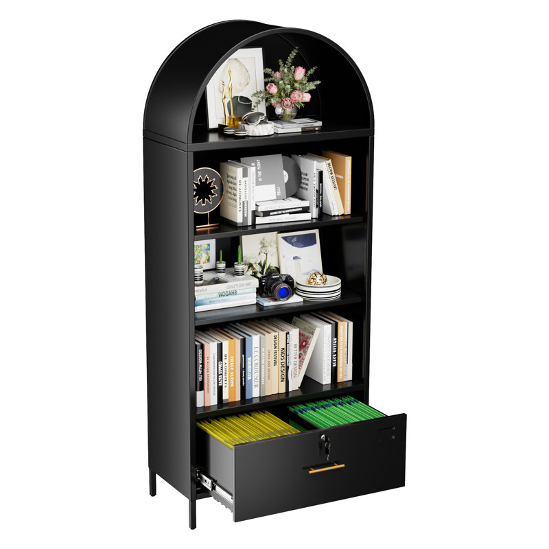 72.8" H Metal Arched Storage Display Bookcase Cabinet, Office Storage Cabinet, Arched Bookshelf With Adjustable Shelves And 1 Bottom Drawer For Home Office, Black