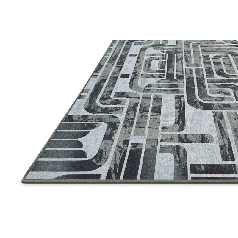 Tapis vert / blanc en polyester / chenille tissé à la machine Veasna, Rectangle 6 pi x 9 pi