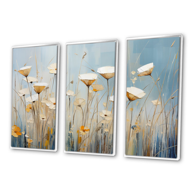 «Beige Minimalisme Wildflowers Breeze» - ensemble d'art mural fleurs sauvages, Cadre flottant blanc