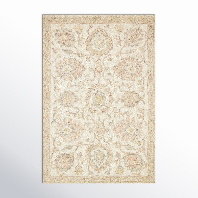 Aden Oriental Hand Hooked Wool Area Rug in Ivory/Blush, Rectangle 5' x 7'6"