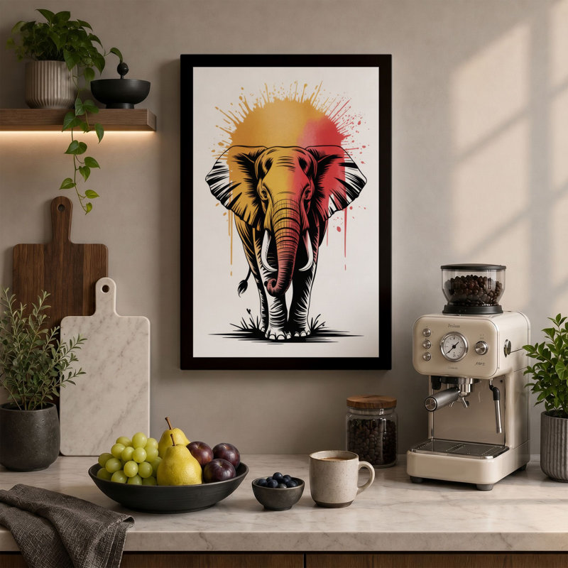 Elephant at Sunrise Modern - Wrapped Canvas, 18x12 - 45.7 x 30.5 cm, Cream Border