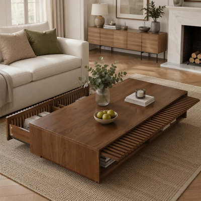 Mid Century Modern Solid Wood Coffee Table with Slatted Storage Drawers, Rectangular Low Profile Wooden Cocktail Table, Farmhouse Hidden Storage Center Table for Living Room Home Decor