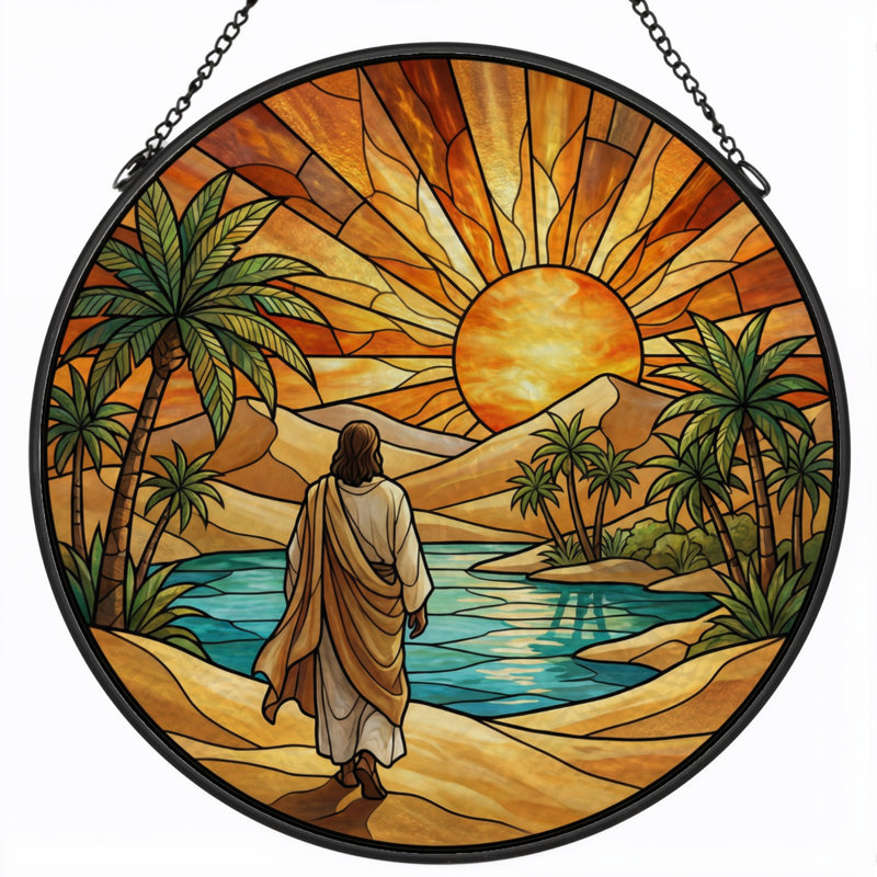 Desert Sunset Stained Glass Window Panel，12"H, 12"H