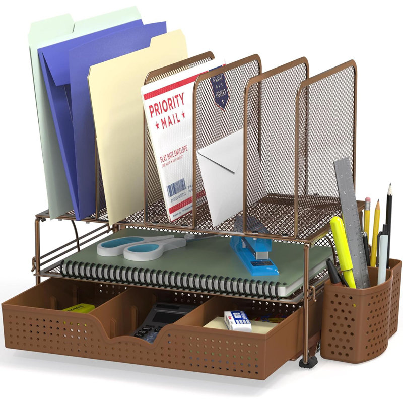 Copper Powder Coated Mesh Desk Organizer with Sliding Drawer