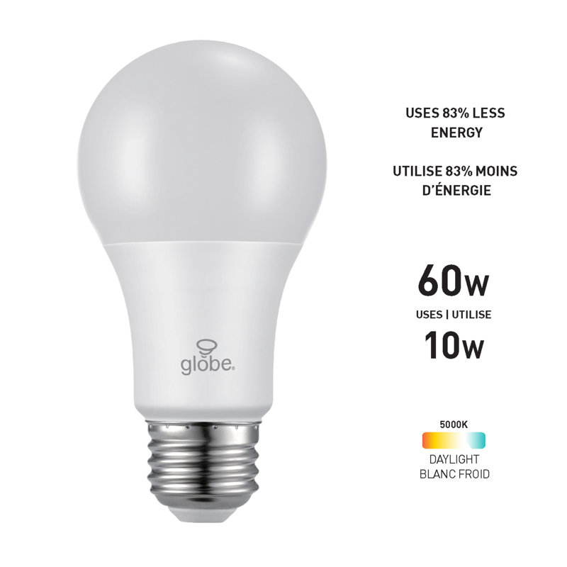 10 watts (équivalent à 60 watts), ampoule DEL A19 à intensité variable, culot moyen E26 (standard), 5000 K