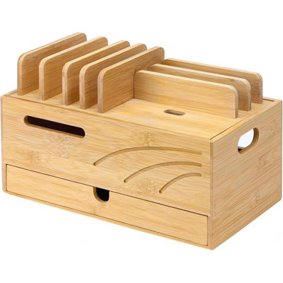 Natural Bamboo Charging Station Rack,With 6 Slots Drawer