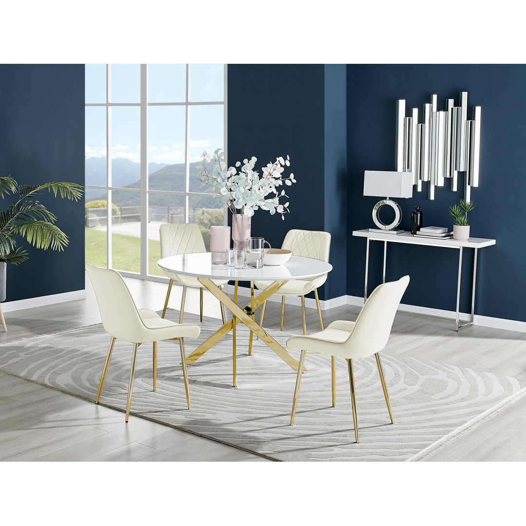 Tierra Sleek Metal and High Gloss Effect Round Dining Table Set with 4 Luxury Velvet Dining Chairs East Urban Home