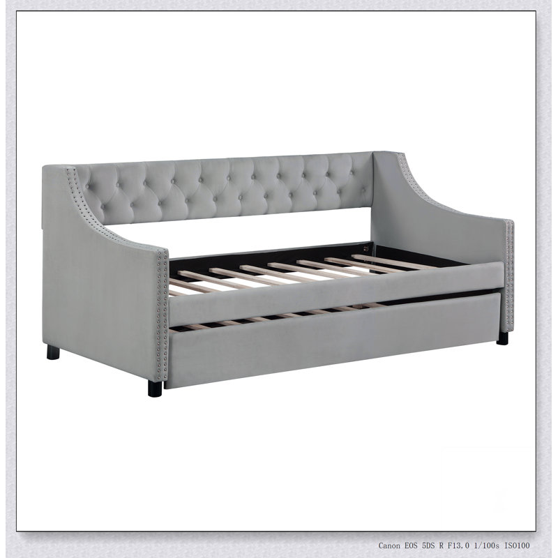 Upholstered Daybed With Trundle, Wood Frame With Tufted Buttons And Copper Nails