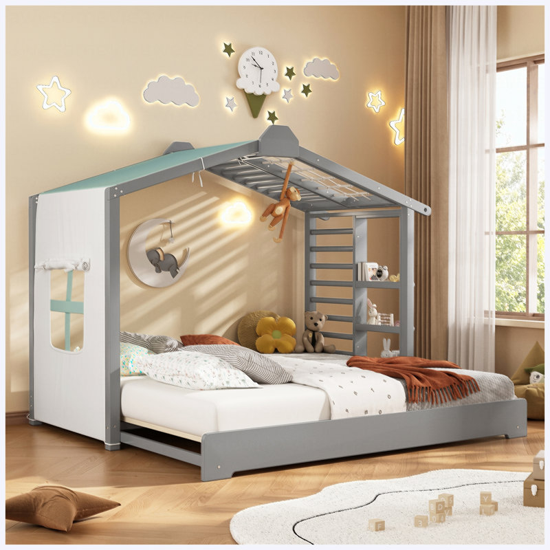 Lit simple pour enfant en forme de maison avec lit gigogne et tablettes de rangement latérales, gris