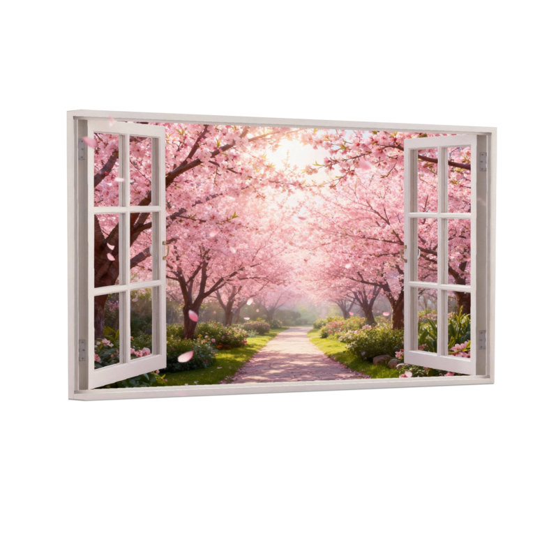 Cadre de fenêtre paysage et nature Cherry Blossom Pathway Garden View, H 12 po x l 18 po