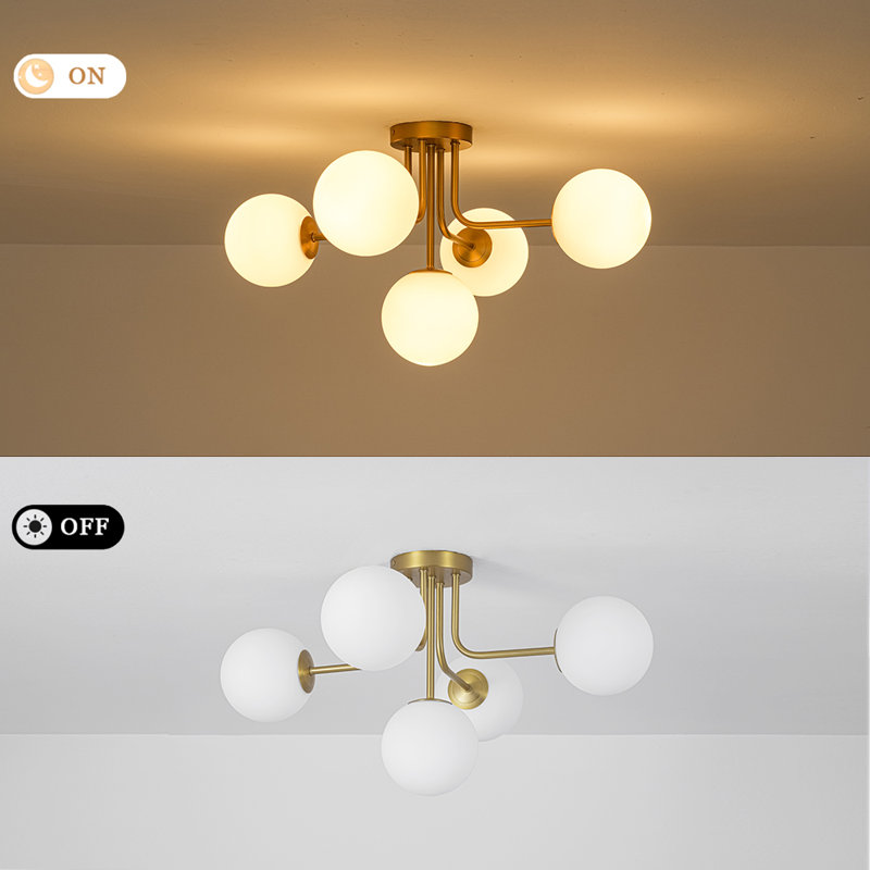 5-Light Symmetrical Frosted Glass Semi-flush Mount, Brass