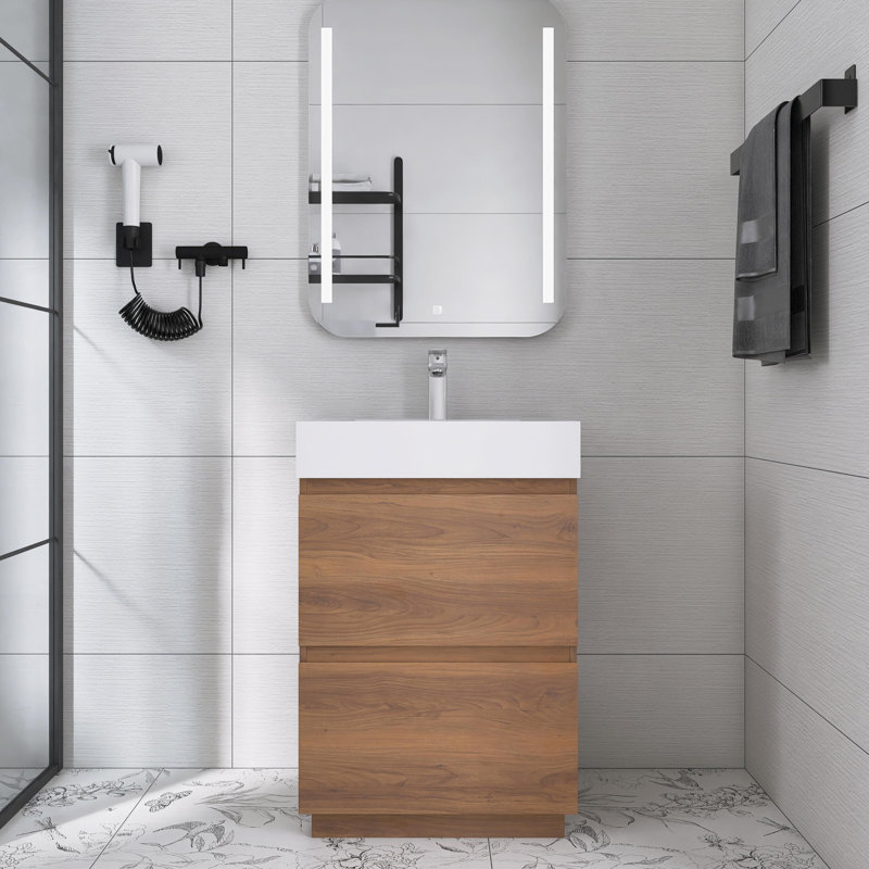 Meuble-lavabo autoportant 24 po avec plateau de meuble-lavabo double en résine 24 po, Brun ébène