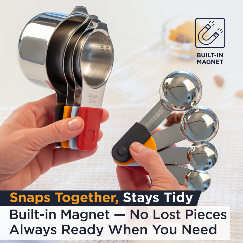 Deiss Pro Stainless Steel Measuring Cups And Spoons Set - Magnetic Measuring Spoons Set, 4 Dry Measuring Cups And 4 Spoons With Color-coded Handles
