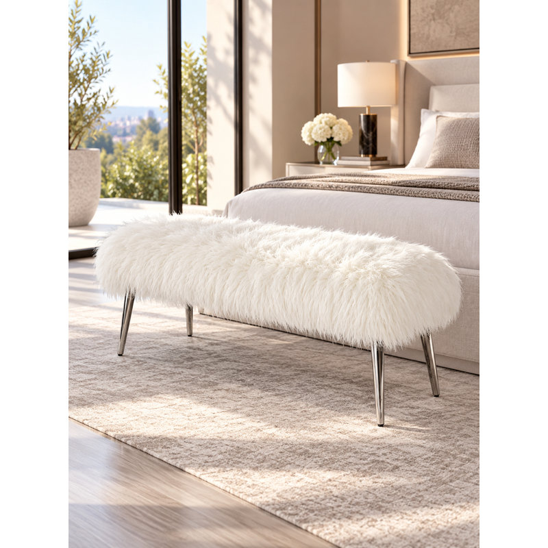 Kenzie Upholstered Bench - Lammy Faux Fur Upholstered Bench – Modern Ivory Sherpa Accent Bench with Metal Legs for Bedroom, Entryway, or Living Room - White Bench