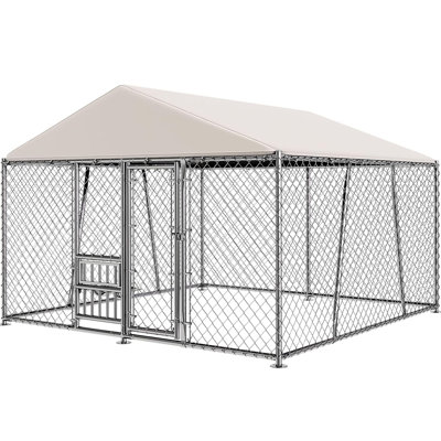 10ft Large Outdoor Dog Kennel With Bowls, Dog Kennel Outside With Waterproof Cover Roof For Outside With Secure Lock