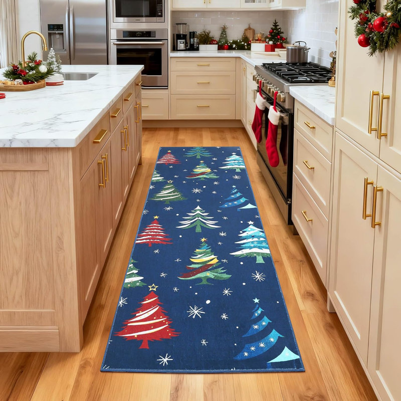 Rug, Christmas Rugs with Xmas Tree Pattern for Holiday Decor, Non Slip Low Pile Washable Rug for Kitchen, Entryway, Living Room, Bedroom, 