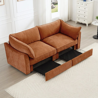 Sofa With Pull Out Storage Drawers Under Each Seat, Crescent-Shaped Armrests And Wraparound , Suitable For Small Living Rooms