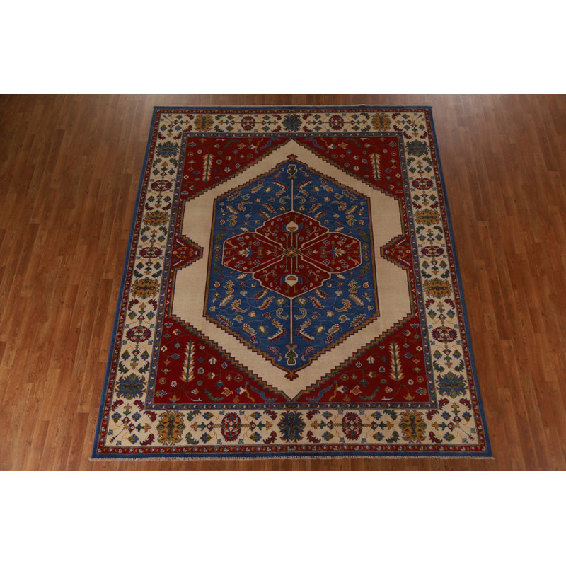 Tapis bleu / rouge / beige en laine noué à la main de conception unique 8 pi 3 po x 9 pi 11 po New Age