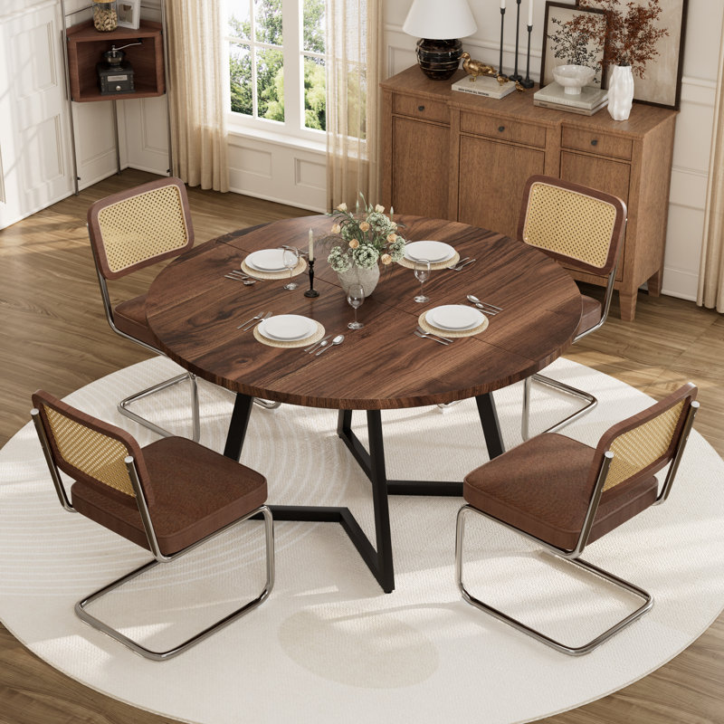 Ensemble de table de salle à manger 47,24 "avec pieds en métal et chaises en lin, Noyer, 5, Café