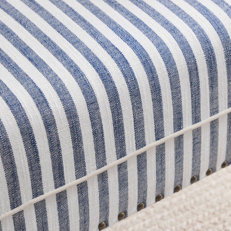 Striped Upholstered Wooden Chair with Rolled Arm, Dark Blue