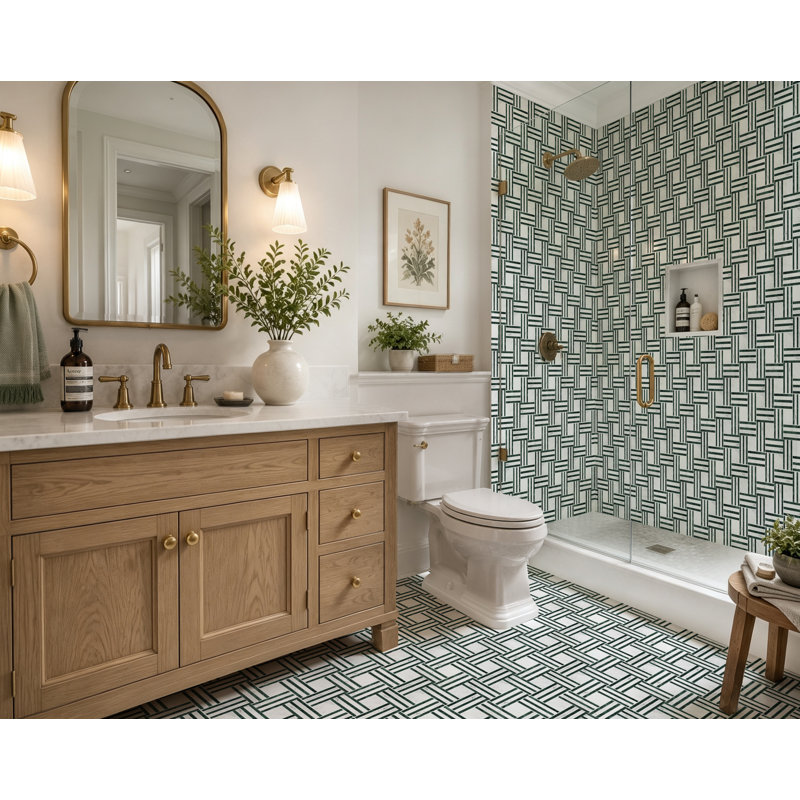 Verde & Carrara White Marble Geometric Grid Polished Mosaic Wall & Floor Tile