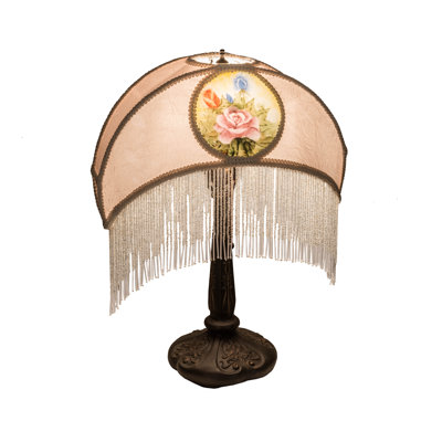 21" High Reverse Painted Roses Fabric with Fringe Table Lamp