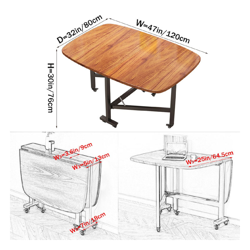 47" Multifunction Table Ooden Foldable Drop Leaf Dining Table, With 6 Wheels, Brown