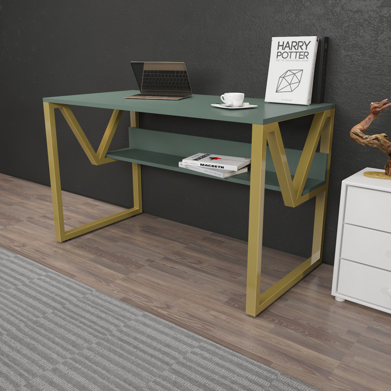 Lona 120Cm W Rectangular Computer Desk, Gold, Green