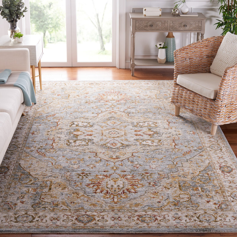 Tapis oriental en polyester bleu / gris Xanthi, Rectangle 5 pi 3 po x 7 pi 6 po