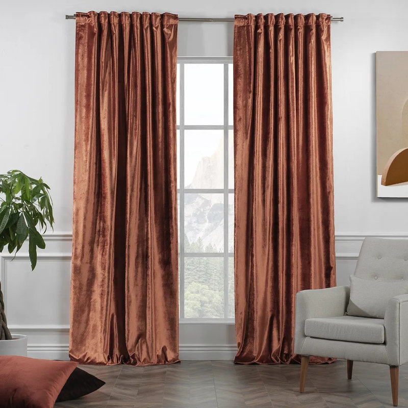 Rideau simple extra long et extra large en velours brillant de luxe, Orange brûlé, L 52 po x L 156 po