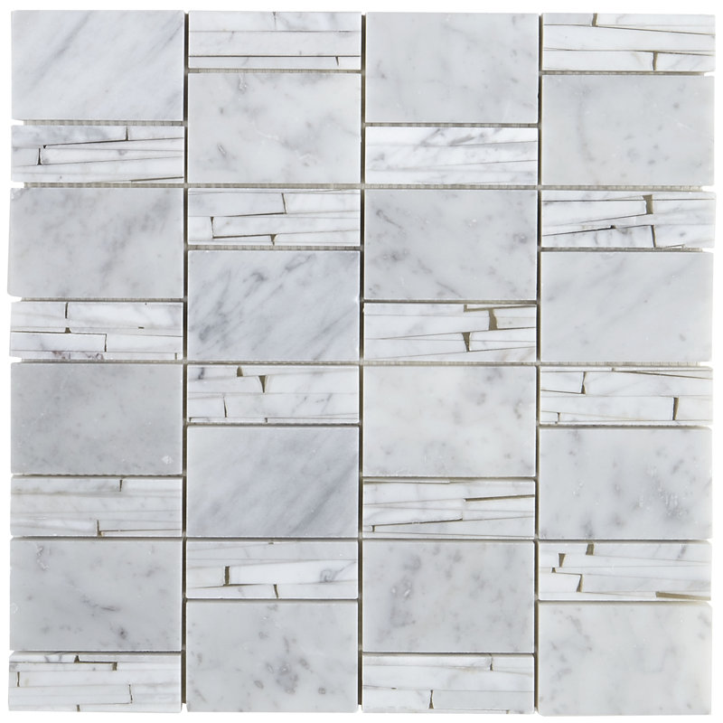 Polished Abstract 2" x 2" Marble Mosaic Tile in Crema Marfil, Carrara White